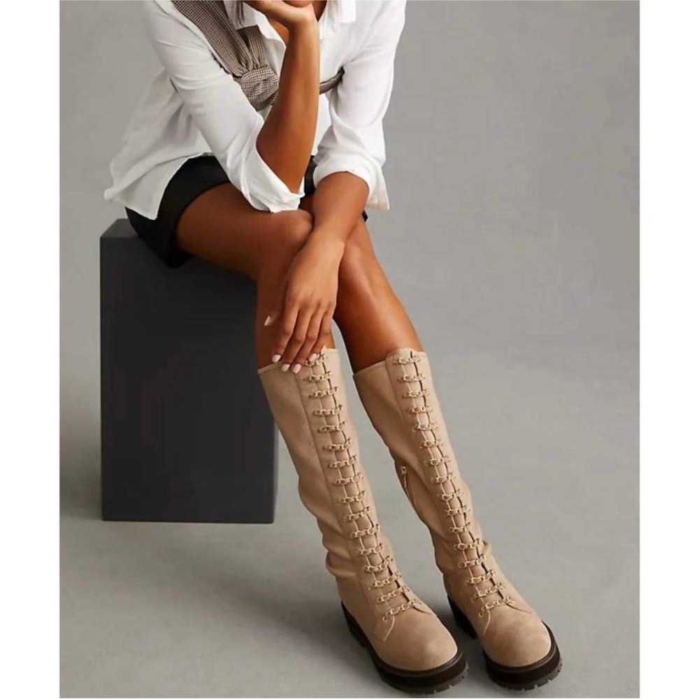 CECELIA NEW YORK Tiny Tall Tan Lace Up Boots Suede